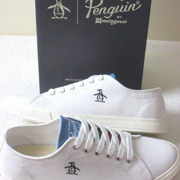 Original Penguin Men's Sam Stripe Classic Lace Up Canvas White Blue Shoes NIB - Picture 1 of 6